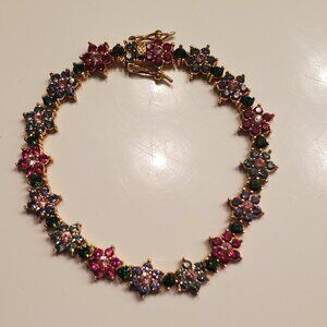 Joan Rivers Vintage Multicolor Crystal Floral Link Bracelet ~7.25” Gold-Tone